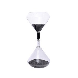 AMPULHETA EM VIDRO TRANSPARENTE COM AREIA PRETA