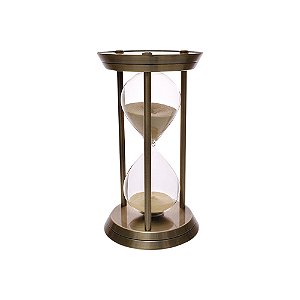 AMPULHETA EM VIDRO E METAL BRONZE COM AREIA BEGE