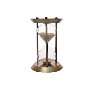 AMPULHETA EM VIDRO E METAL BRONZE COM AREIA BEGE