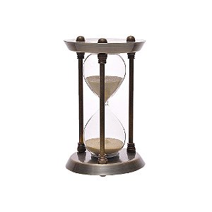 AMPULHETA EM VIDRO E METAL BRONZE COM AREIA BEGE