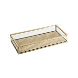 BANDEJA DE VIDRO, METAL E COURO SINTETICO BEGE E DOURADO