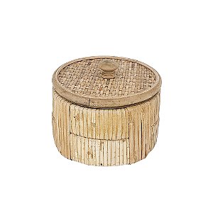 CAIXA DE MADEIRA COM DETALHES EM FIBRA RATTAN NATURAL