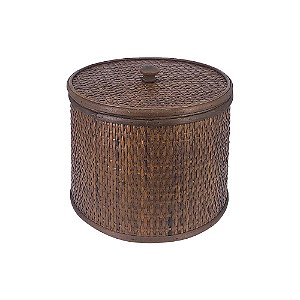 CAIXA DE MADEIRA COM DETALHES EM FIBRA RATTAN MARROM