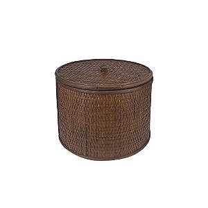 CAIXA DE MADEIRA COM DETALHES EM FIBRA RATTAN MARROM