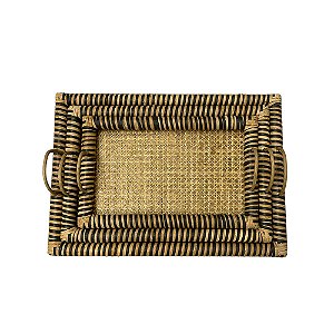 CJ DE BANDEJAS EM MADEIRA E FIBRA RATTAN NATURAL E PRETO 3PCS