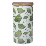 POTE DE CERAMICA COM DESENHOS DE FOLHA COM TAMPA DE BAMBU