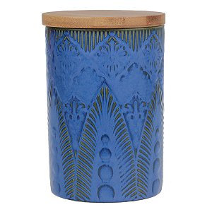 POTE DE CERAMICA AZUL COM TAMPA DE MADEIRA