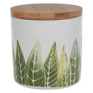 POTE DE CERAMICA BRANCO COM ESTAMPA E TAMPA DE MADEIRA