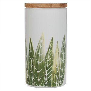 POTE DE CERAMICA BRANCO COM ESTAMPA E TAMPA DE MADEIRA