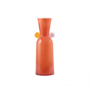 VASO DECORATIVO EM VIDRO LARANJA DETALHE AMARELO E ROXO