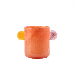 VASO DECORATIVO EM VIDRO LARANJA DETALHE AMARELO E ROXO