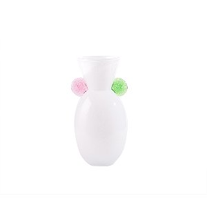 VASO DECORATIVO EM VIDRO BRANCO DETALHE ROSA E VERDE