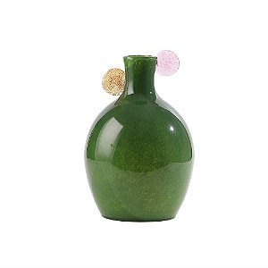 VASO DECORATIVO EM VIDRO VERDE DETALHE ROSA E AMARELO