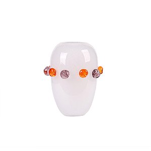 VASO DECORATIVO EM VIDRO BRANCO DETALHE LARANJA E ROXO