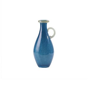 VASO DECORATIVO ESTILO JARRA EM VIDRO AZUL DETALHE BRANCO