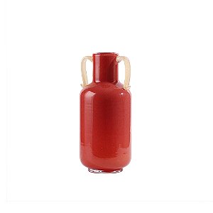 VASO DECORATIVO EM VIDRO VERMELHO COM ALCAS BEGE