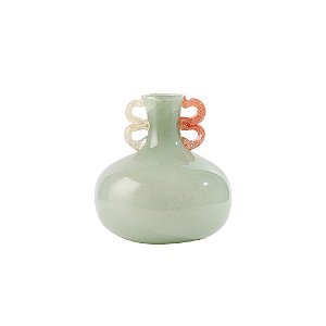VASO DECORATIVO EM VIDRO BRANCO COM ALCAS BEGE E LARANJA