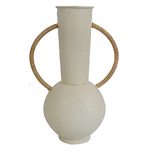 VASO DECORATIVO EM METAL COR CREME COM ALCAS MARROM 26,5CM X 18CM X 38CM