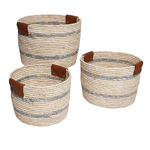 CJ DE CESTOS DE PALHA BEGE E CINZA 3PCS