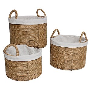 CJ DE CESTOS DE PALHA E TECIDO BEGE E BRANCO 3PCS