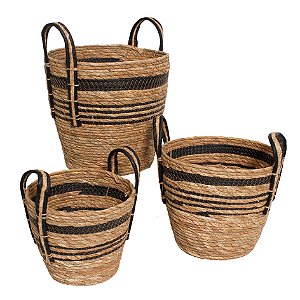 CJ DE CESTOS DE PALHA BEGE E PRETO 3PCS