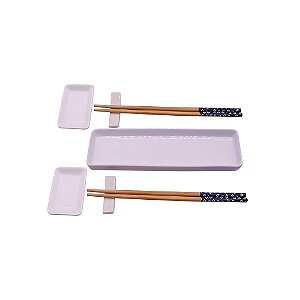 KIT DE COMIDA JAPONESA PARA 2 PESSOAS BAMBOO E CERAMICA BRANCO 7PCS