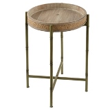 MESA LATERAL DE MADEIRA, METAL E RATTAN MARROM E DOURADA