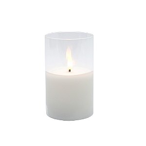 VELA DECORATIVA COM LED EM CERA E VIDRO BRANCA