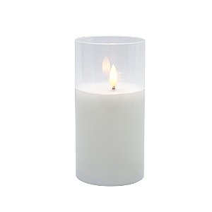 VELA DECORATIVA COM LED EM CERA E VIDRO BRANCA