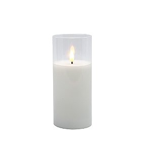 VELA DECORATIVA COM LED EM CERA E VIDRO BRANCA