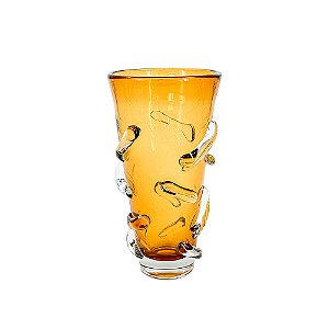 VASO DECORATIVO EM VIDRO AMBAR COM RELEVO ESTILO MURANO