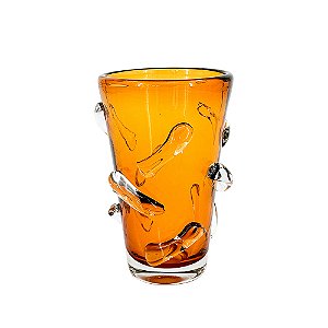 VASO DECORATIVO EM VIDRO AMBAR COM RELEVO ESTILO MURANO