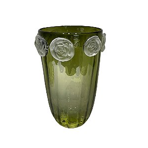 VASO DECORATIVO EM VIDRO COM DETALHE EM FLORES VERDE E FOSCO ESTILO MURANO