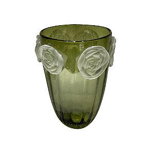 VASO DECORATIVO EM VIDRO COM DETALHE EM FLORES VERDE E FOSCO ESTILO MURANO