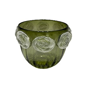 VASO DECORATIVO EM VIDRO COM DETALHE EM FLORES VERDE E FOSCO ESTILO MURANO