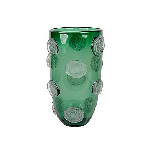 VASO DECORATIVO EM VIDRO COM RELEVO FLORES VERDE BRANCO FOSCO