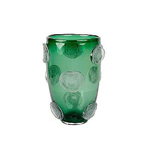 VASO DECORATIVO EM VIDRO COM RELEVO FLORES VERDE BRANCO FOSCO