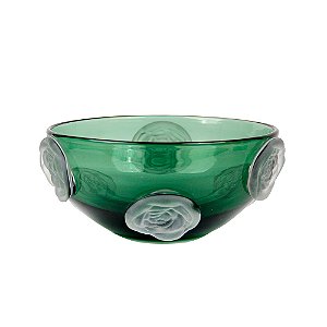 CENTRO DE MESA EM VIDRO COM RELEVO FLORES VERDE BRANCO FOSCO
