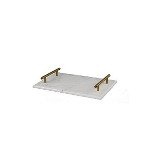 BANDEJA EM MARMORE E METAL BRANCO E DOURADO
