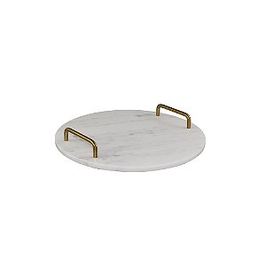 BANDEJA EM MARMORE E METAL BRANCO E DOURADO