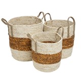 CONJ DE CESTOS DE PALHA BRANCO E NATURAL - 3 PCS