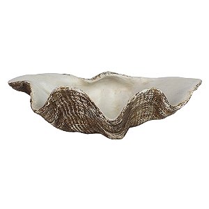 CONCHA DECORATIVA EM RESINA BRANCO E MARROM 26CM X 15,8CM X 7,5CM