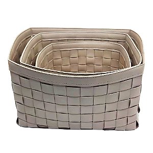 CJ DE 3 CESTOS DECORATIVOS EM PU CRU G37CM X 26CM X 24CM M32CM X 23CM X 22CM P26