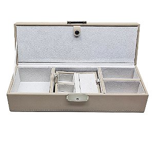 CAIXA PORTA JOIAS DECORATIVO EM MADEIRA PU E TECIDO CRU 28CM X 10CM X 8CM