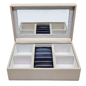 CAIXA PORTA JOIAS DECORATIVO EM MADEIRA PU E TECIDO CRU 22CM X 14CM X 7CM