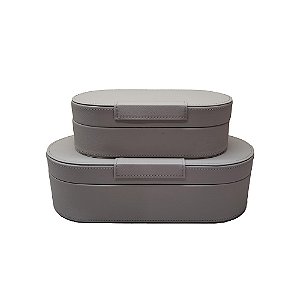 CJ DE CAIXAS DECORATIVAS EM MADEIRA REVESTIDA EM COURO SINTETICO CINZA 2PCS