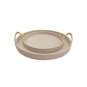 CJ DE BANDEJAS EM MAD REVESTIDA COURO SINTETICO BEGE ALCAS DOURADAS 2PCS