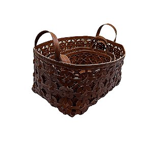 CJ DE CESTOS TRAMADOS EM COURO SINTETICO MARROM 3PCS