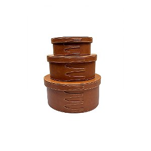 CJ DE CAIXAS DECORATIVAS EM COURO SINTETICO MARROM 3PCS