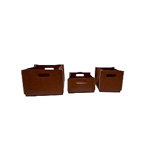 CJ DE CESTOS EM COURO SINTETICO MARROM 3PCS